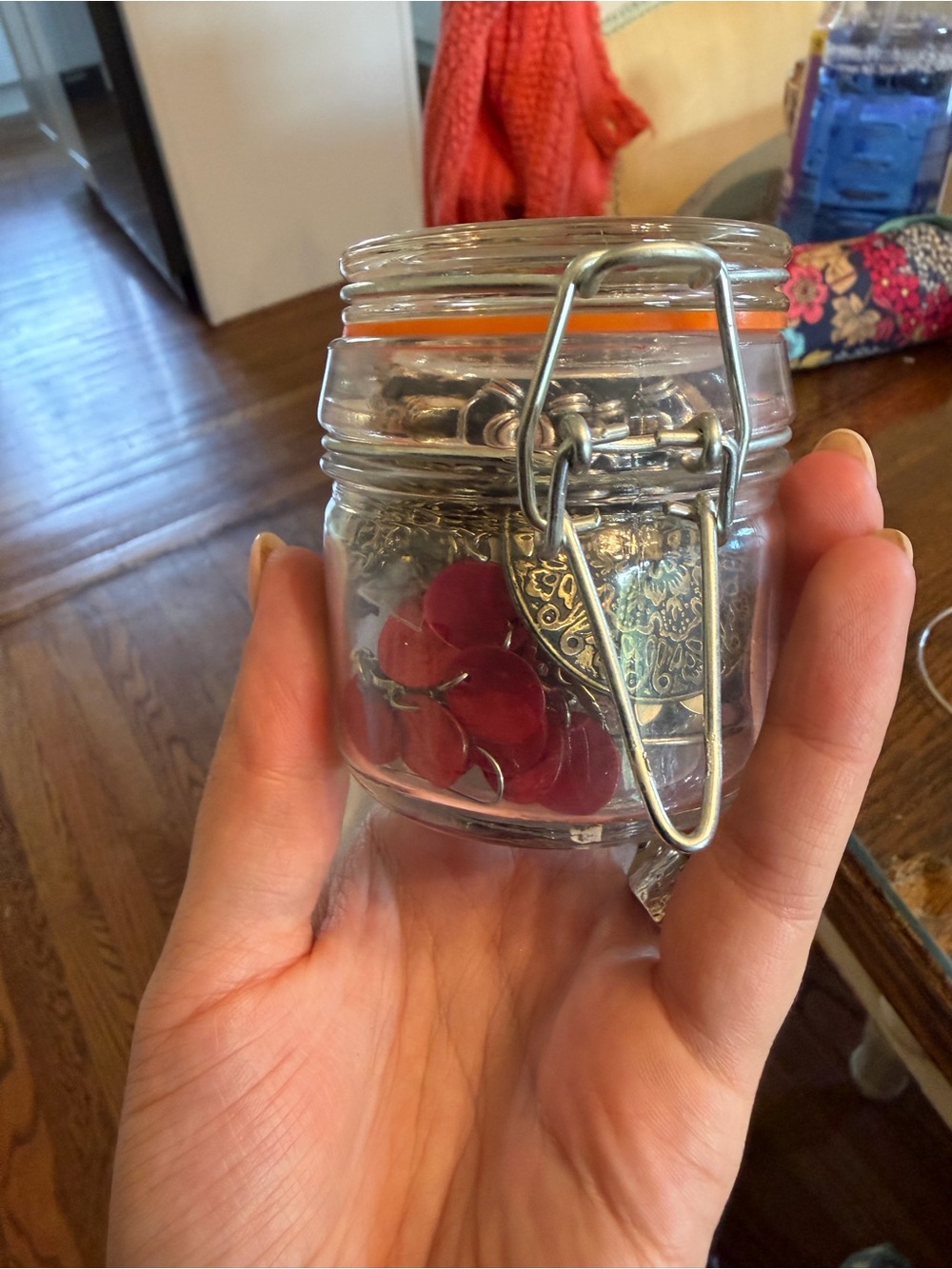 Mystery jewelry in Small Glass Clip-Top Jar with Orange Gasket
